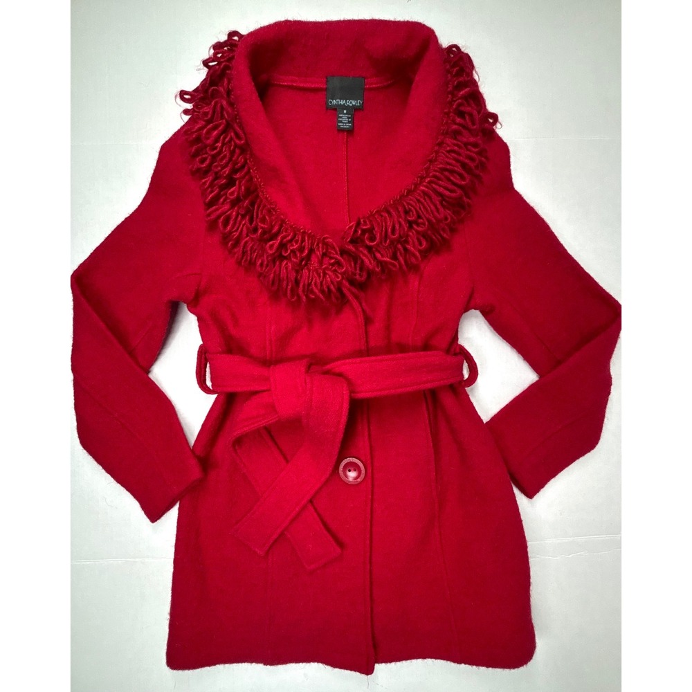 Cynthia‎ Rowley 100% Boiled Wool Fringe Collar Peacoat Red Belted Medium MOD EUC
